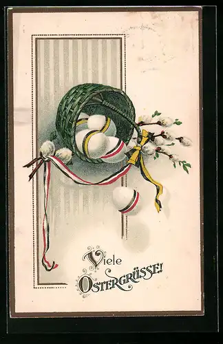 AK Kriegsostern, Korb mit Eiern und Weidenkätzchen und Farben des Zweibundes