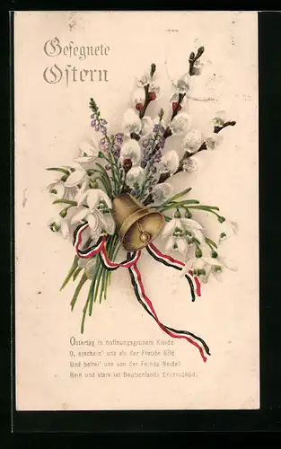AK Kriegsostern, Bund Blumen mit Glocke und deutschen Farben