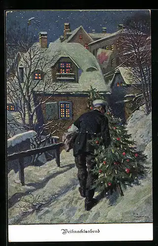 Künstler-AK Weihnachtsabend, Mann mit Weihnachtsbaum, Rotes Kreuz