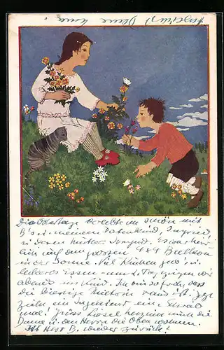 Künstler-AK Rotes Kreuz, Kinder mit Katze auf einer Blumenwiese