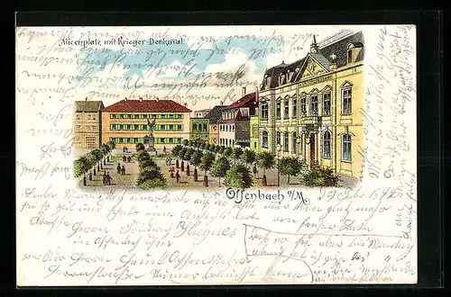 Lithographie Offenbach a. M., Alicenplatz mit Kriegerdenkmal aus der Vogelschau