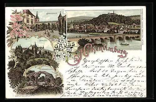 Lithographie Hohenlimburg, Totalansicht mit Schlosshof und Hünnenpforte