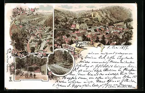 Lithographie Berneck, Gesamtansicht des Ortes