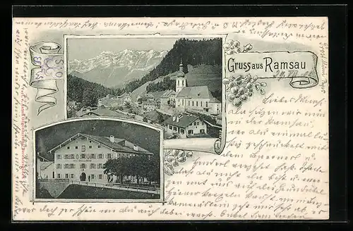 AK Ramsau, Ortsansicht mit Kirche, Gasthaus zu Ramsau