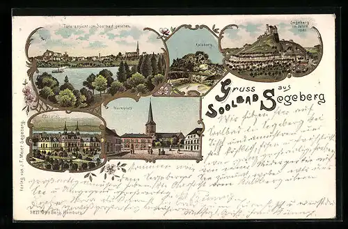 Lithographie Segeberg, Totalansicht vom Soolbad aus, Marktplatz, Kurhotel