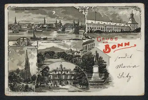 Lithographie Bonn, evang. Kirche, Coblenzer Thor, Arndt-Denkmal, Universität