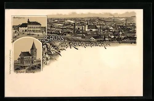 Lithographie Reichenbach i. V., Rathhaus, Gesamtansicht, Gasthaus Schöne Aussicht