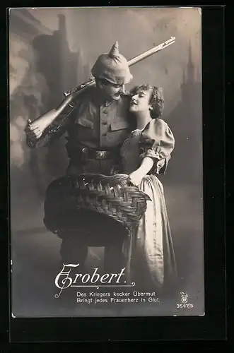 Foto-AK RPH Nr. 3547 /5: Erobert, Des Kriegers kecker Übermut..., Soldat mit Pickelhaube und Frau