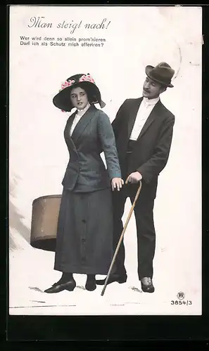 Foto-AK RPH Nr. 3854 /3: Man steigt nach`!, Wer wird denn so allein prom`nieren..., Frau mit einer Schachtel und Herr
