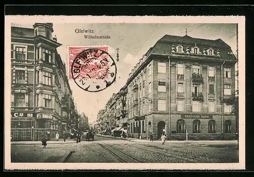 AK Gleiwitz, Wilhelmstrasse mit Deutscher Bank