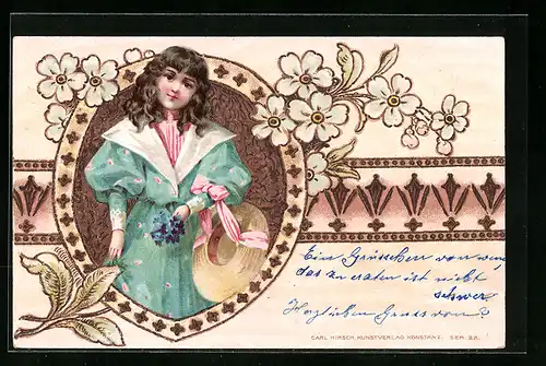 Holzbrand-Imitations-AK Mädchen mit Strohhut und Blumenstrauss