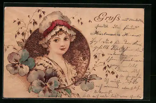 Holzbrand-Imitations-AK Mädchen mit Haube, Stiefmütterchen