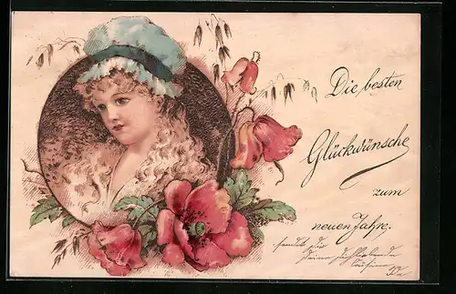 Holzbrand-Imitations-AK Mädchen mit Haube, Mohnblumen