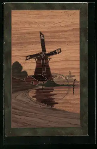 Holzbrand-Imitations-AK Seepartie mit Windmühle am Abend