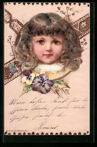Holzbrand-Imitations-AK Mädchenportrait mit Stiefmütterchen