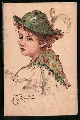 Holzbrand-Imitations-AK Junge Dame mit Trachtenhut