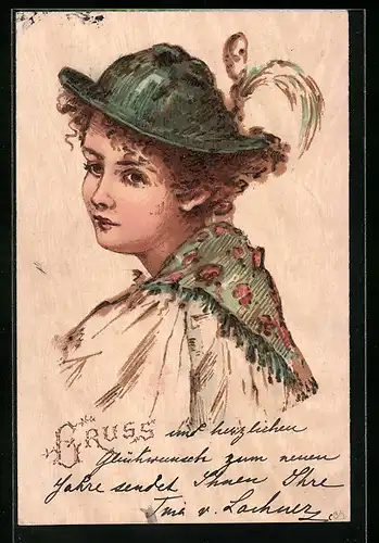 Holzbrand-Imitations-AK Junge Dame mit Locken und Federhütchen