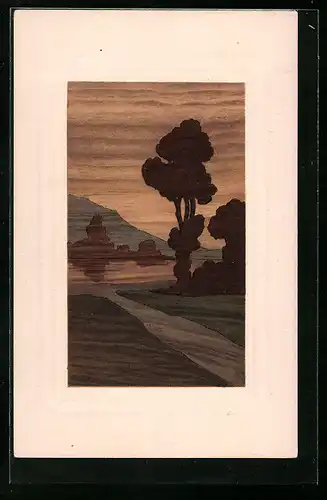 Holzbrand-Imitations-AK Abendliche Landschaft mit kleinem Ort am See