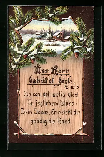 Holzbrand-Imitations-AK Idylle mit Kirche im Schnee, Tannengrün mit Zapfen