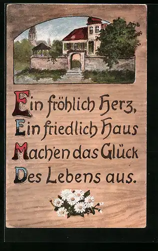 Holzbrand-Imitations-AK Ein fröhlich Herz,..., Anwesen und Kirche
