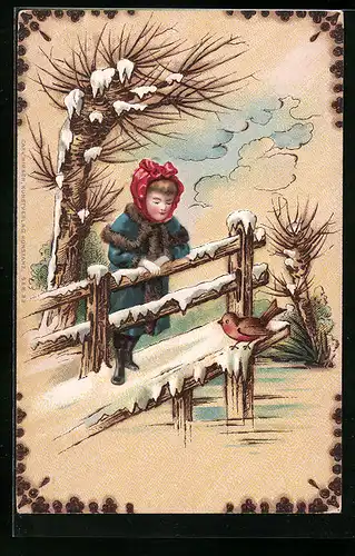 Holzbrand-Imitations-AK Mädchen und Singvogel im Winter