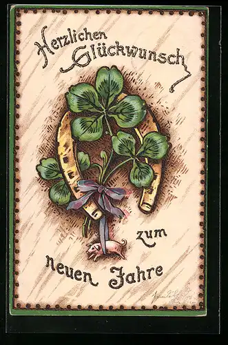 Holzbrand-Imitations-AK Hufeisen, Glücksklee und Glücksschweinchen, Neujahrsgruss