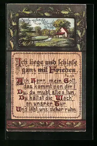 Holzbrand-Imitations-AK Ich liege und Schlafe..., Sommeridylle mit Haus am Bach