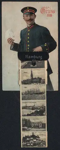 Leporello-AK Hamburg, Briefträger mit Ansichten in der Posttasche, Hafen, Jungfernstieg, Alster-Pavillon