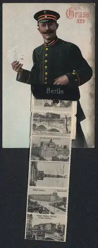 Leporello-AK Berlin, Briefträger mit Ansichten in der Posttasche, Siegessäule, Pariser Platz