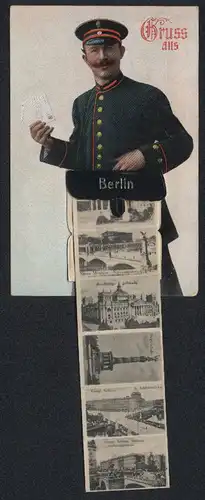 Leporello-AK Berlin, Briefträger mit Ansichten in der Posttasche, Reichstagsgebäude, Siegessäule