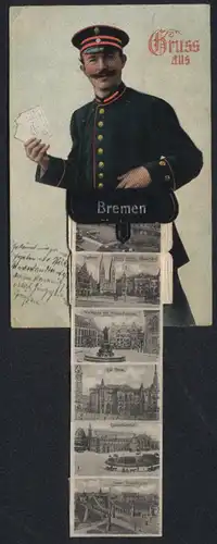 Leporello-AK Bremen, Briefträger mit Ansichten in der Posttasche, Börse, Centralbahnhof