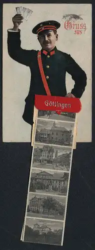 Leporello-AK Göttingen, Briefträger mit Ansichten in der Posttasche, Weenderstrasse, Gänselieselbrunnen