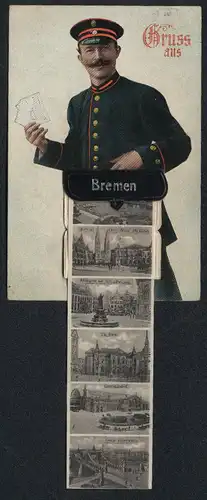 Leporello-AK Bremen, Briefträger mit Ansichten in der Posttasche, Centralbahnhof, Börse, Marktplatz