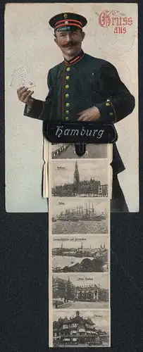 Leporello-AK Hamburg, Briefträger mit Ansichten in der Posttasche, Rathaus, Alster-Pavillon