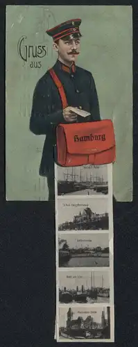 Leporello-AK Hamburg, Briefträger mit Ansichten in der Posttasche, St. Pauli-Navigationsschule, Wandrahms-Brücke