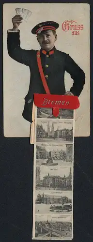 Leporello-AK Bremen, Briefträger mit Ansichten in der Posttasche, Grosse Weserbrücke, Centralbahnhof