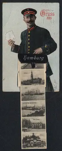 Leporello-AK Hamburg, Briefträger mit Ansichten in der Posttasche, Jungfernstieg, Rathaus, Fährhaus