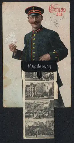 Leporello-AK Magdeburg, Briefträger mit Ansichten in der Posttasche, Breiteweg, Hauptbahnhof, Strombrücke