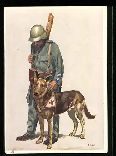 Künstler-AK Soldat mit Sanitätshund, Schweizer Bundesfeier 1937