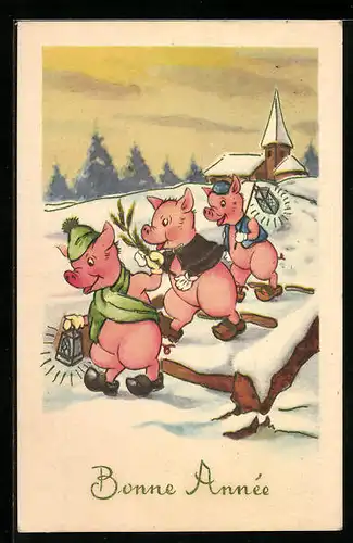 Künstler-AK Vermenschlichte Tiere, Schweine im Schnee