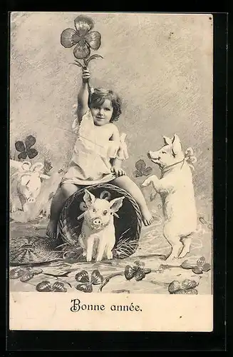 AK Bonne année, Mädchen mit Schweinen und Glücksklee