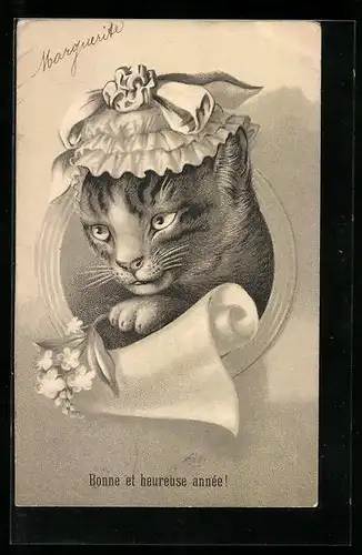 Lithographie Katze mit Mütze und Blumen