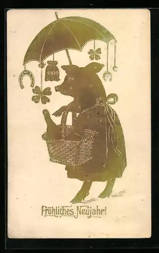 AK Schwein mit Schirm und Glücksbringern fürs neue Jahr, vermenschlichte Tiere