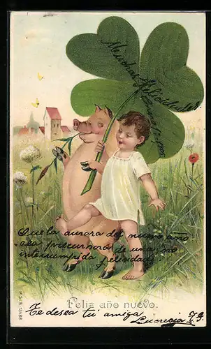 AK Schwein mit Kleeblatt, vermenschlichte Tiere