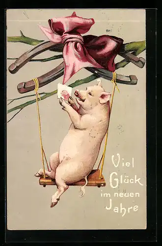 Künstler-AK Freudiges Schwein auf der Schaukel, vermenschlichte Tiere