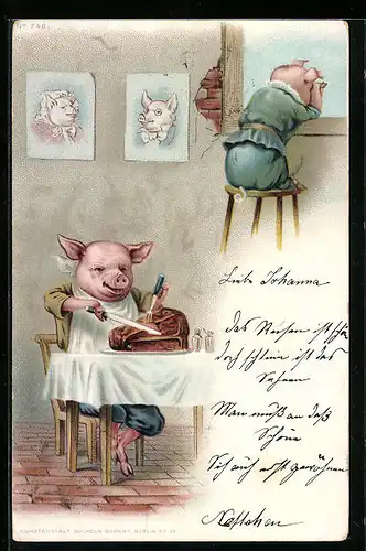 Lithographie Schwein beim Speisen, vermenschlichte Tiere