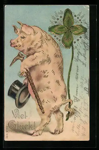 Lithographie Schwein mit Hut, Gehstock und Klee in Gold, vermenschlichte Tiere