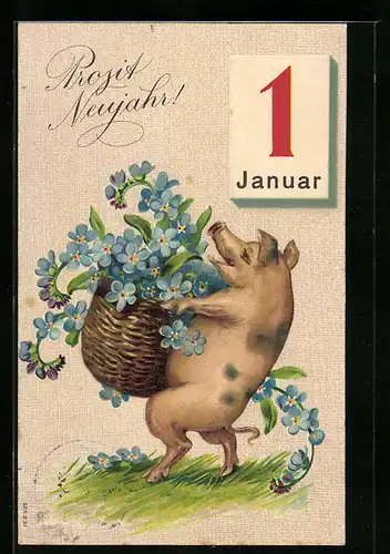 Künstler-AK Schwein trägt einen Korb voller Blumen, Viel Glück im neuen Jahr! vermenschlichte Tiere