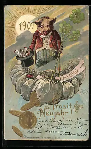 AK Neujahrsgrüsse eines vermenschlichten Schweins im schnöseligen Gewand