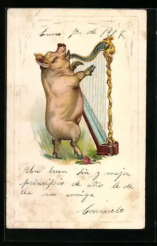 Lithographie Schwein spielt Harfe, vermenschlichte Tiere